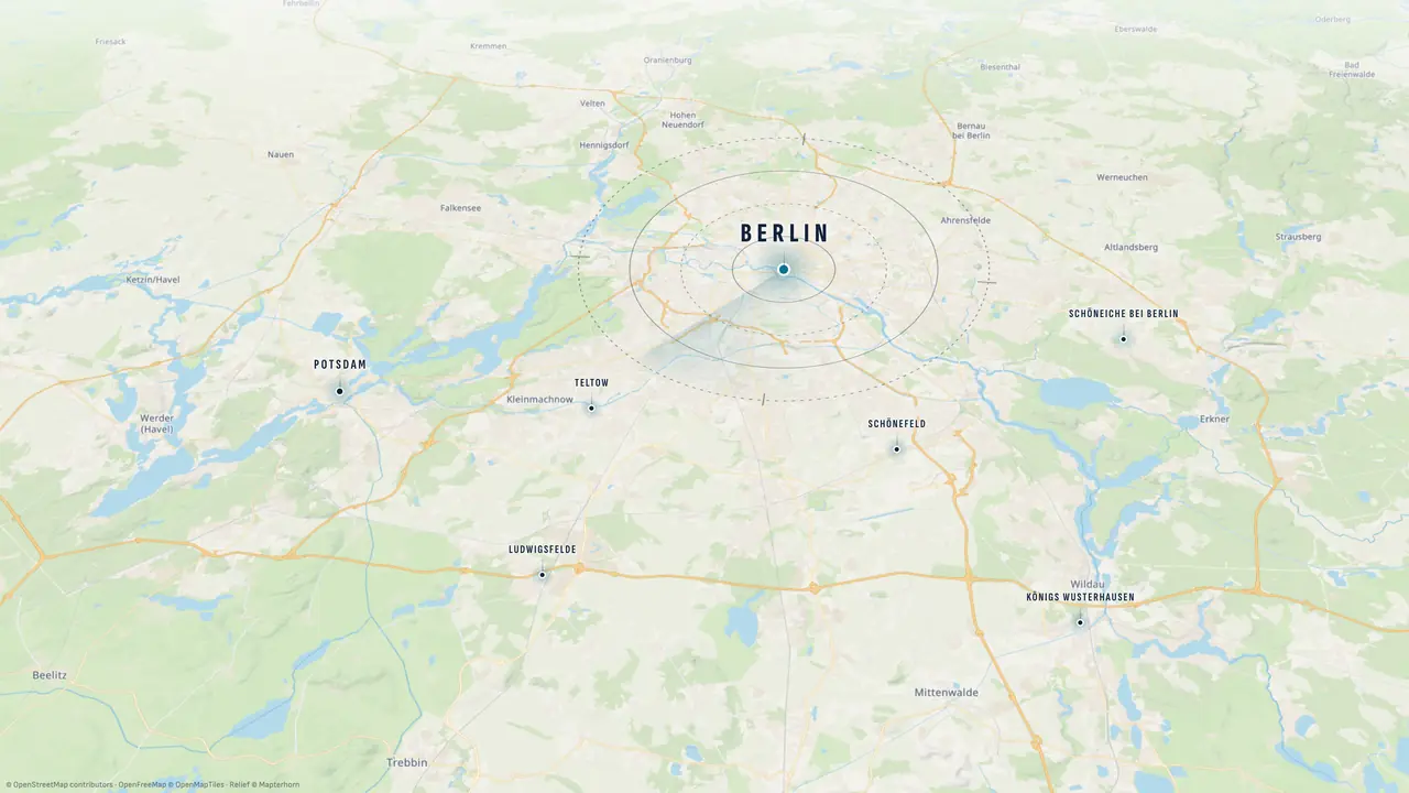 Region map of Berlin by day with Potsdam, Teltow and Schönefeld